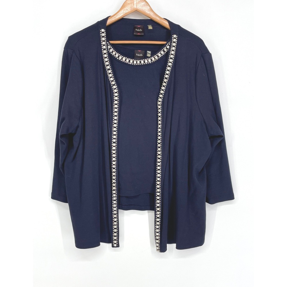Rafaella Women 2pc Twin Set 3X Cardigan Shell Navy Blue Rhinestone Beaded